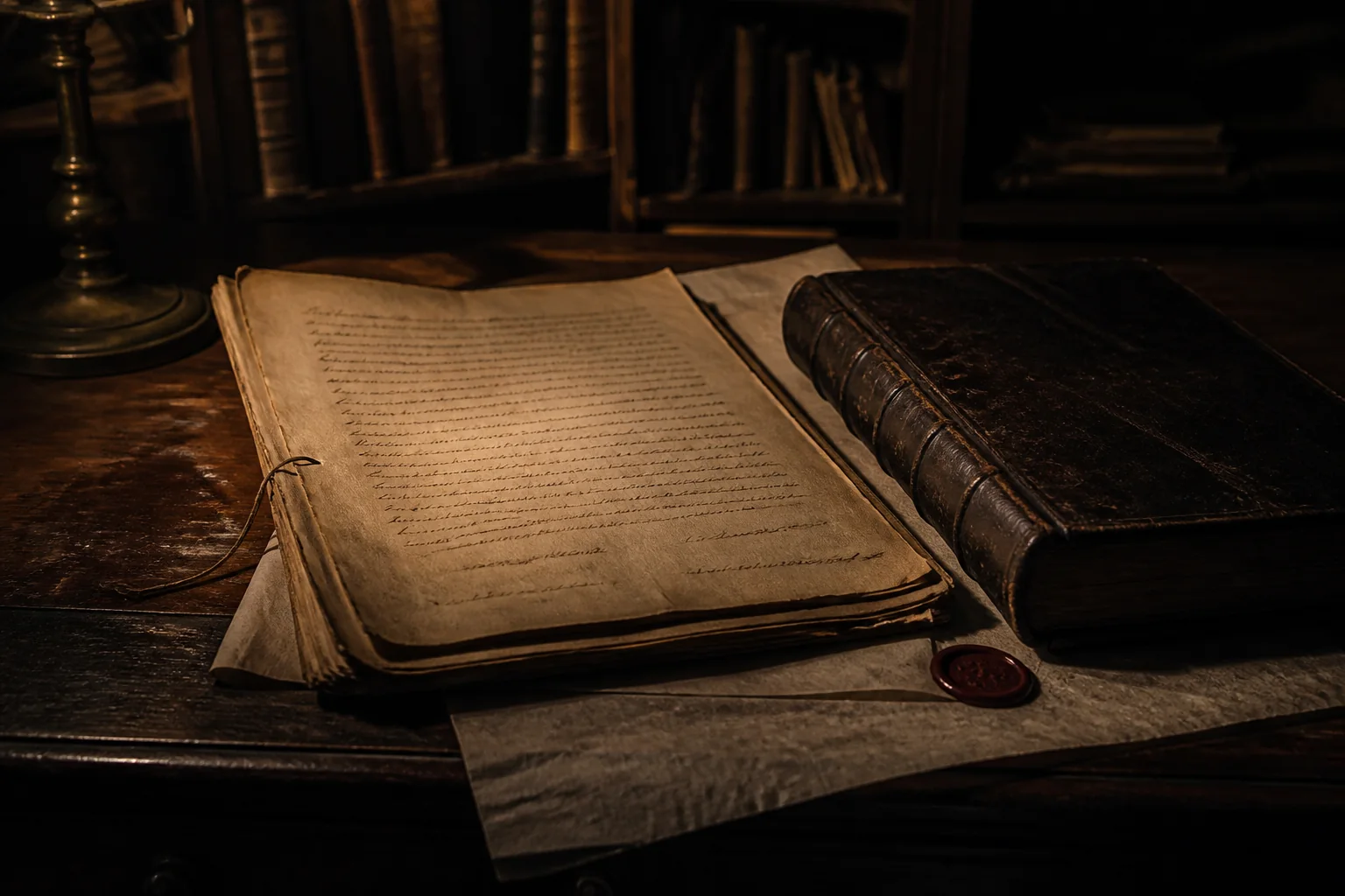 Manuscrito antigo aberto sobre uma mesa ao lado de um livro de couro