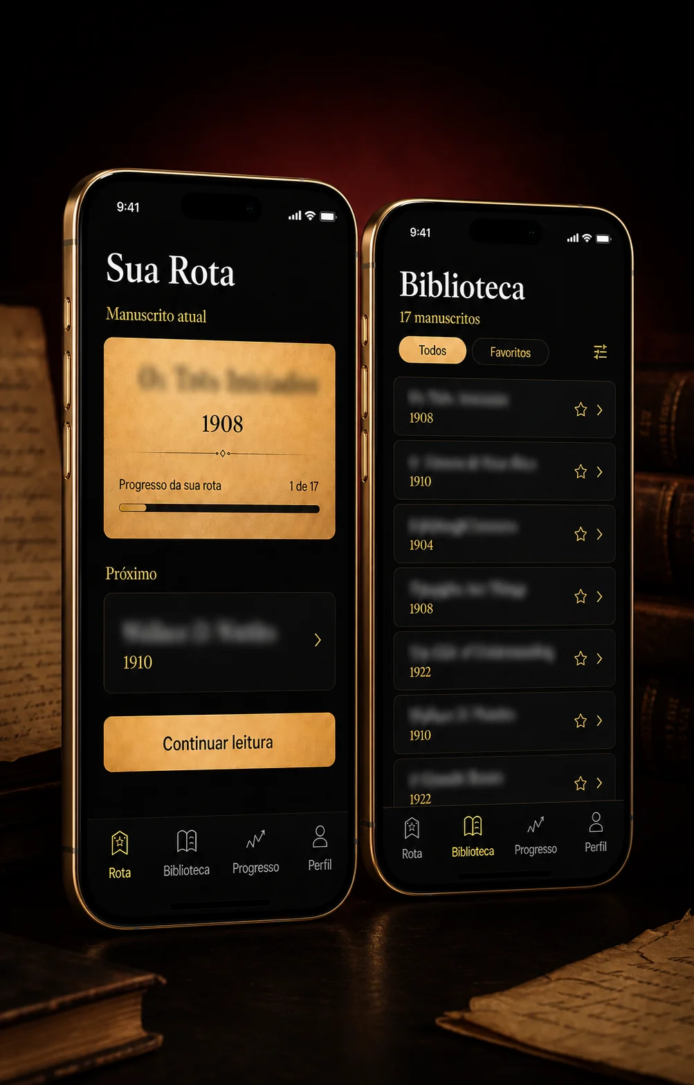 Aplicativo dos Manuscritos Originais mostrando a rota personalizada e a biblioteca com 17 obras